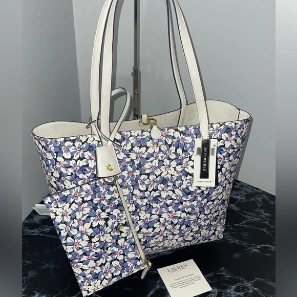 LAUREN RALPH LAUREN Bag Leather Print Tote Purple Vanilla/Breeze Floral w Pouch - Picture 1 of 14